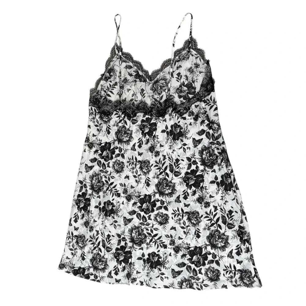 Victorias Secret Black White Floral Lace Trim Satin Slip Dress Nightgown Medium